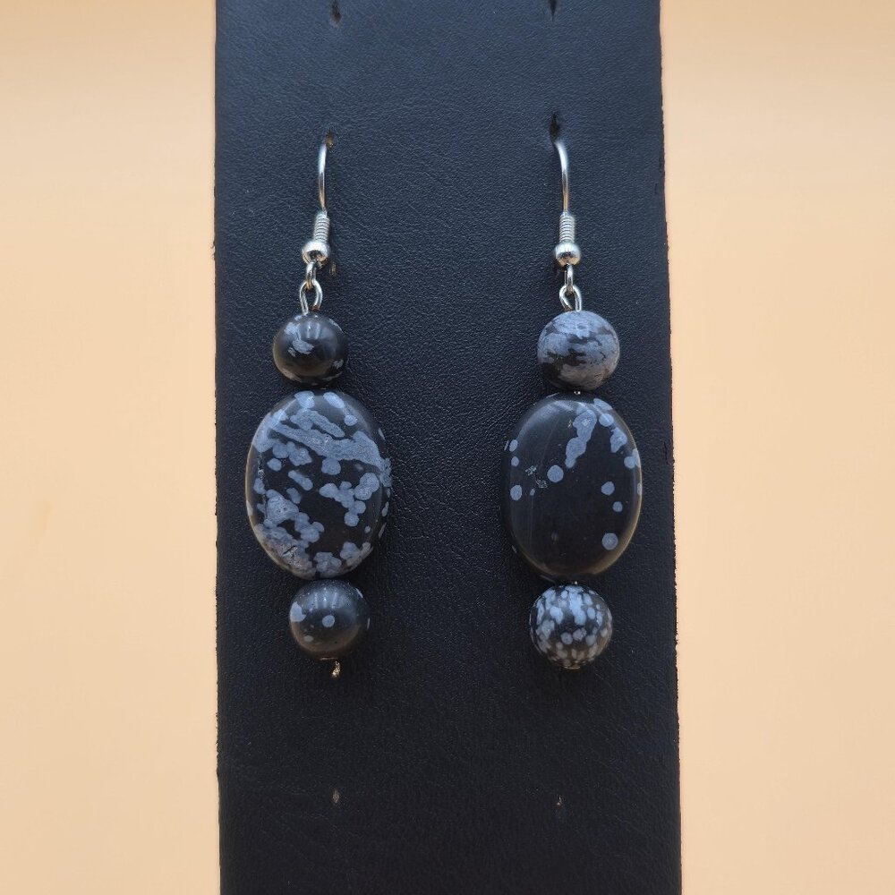 Silver Plated Over Copper Snowflake Obsidian Stone Vintage Earrings A5983 - Picture 1 of 5